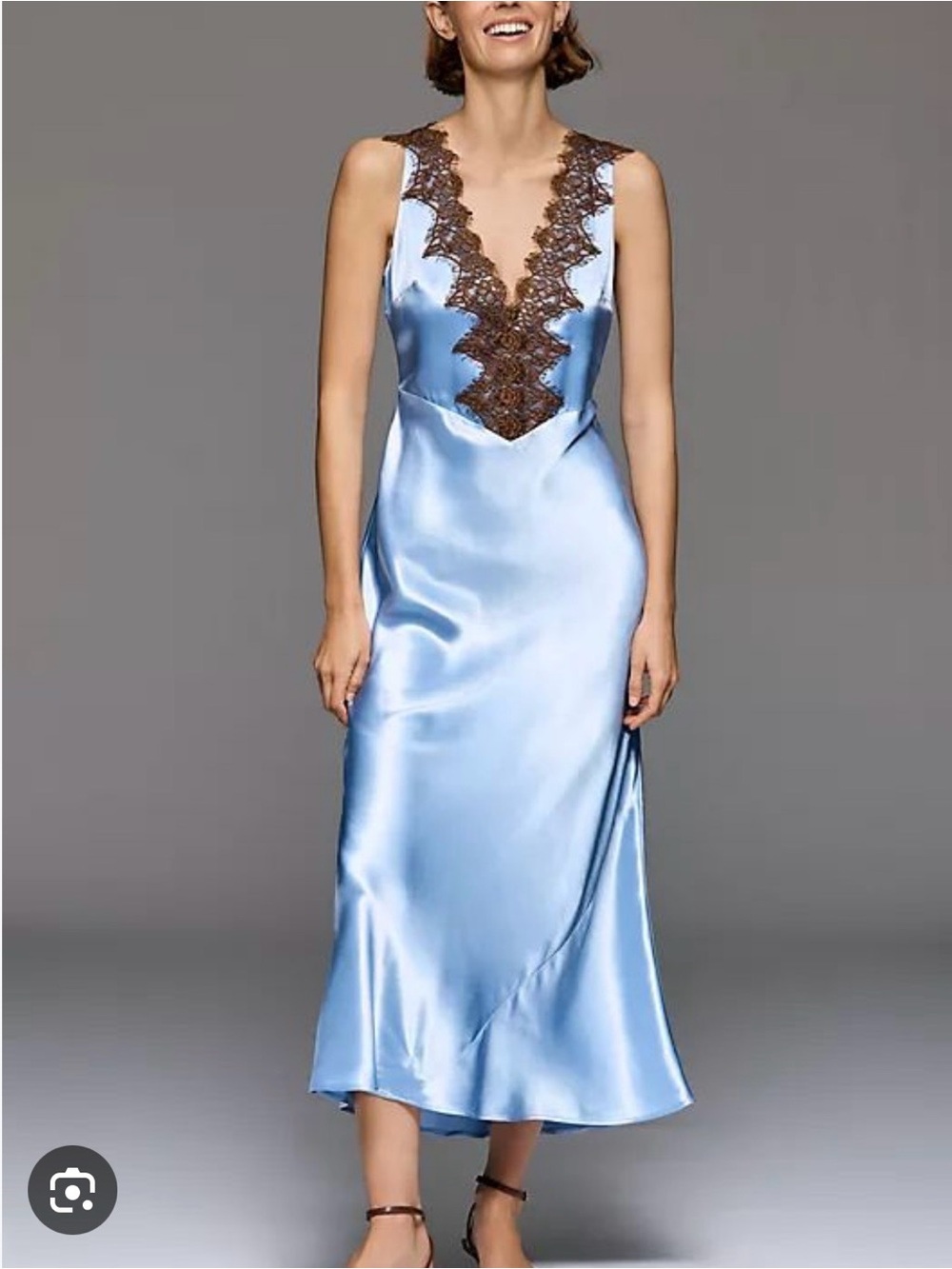 Anthropologie Light Blue Satin Midi Dress with Brown Lace